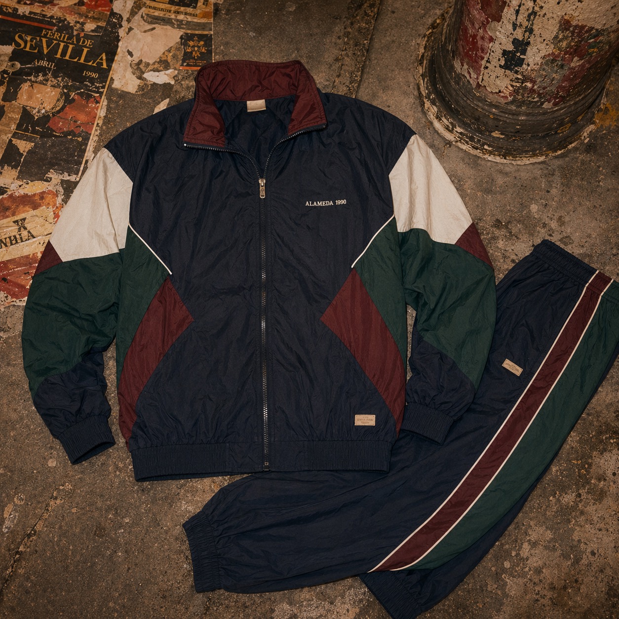 Retro navy tracksuit set with green, off-white, and red panels, marked Alameda 1990.
