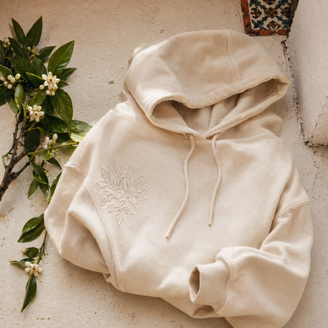 Cream heavyweight hoodie with tonal orange blossom embroidery.